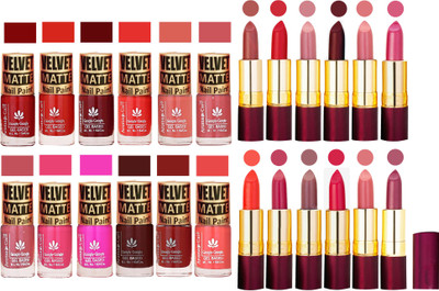 

Aroma Care Multicolor Velvet Matte Nail Polish Sets of 12 Pcs with Dry Matte Lipstick Set of 12 Pcs(Set of 24)