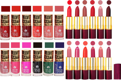 

Aroma Care Velvet Matt 12 Nail Polish Combo in Wholesale Rate with Dry Matte Lipstick Set of 12 Pcs(Set of 24)
