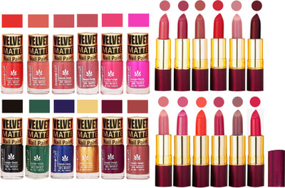

Aroma Care Velvet Matt Nail Polish Set of 12 Pcs Combo with Dry Matte Lipstick Set of 12 Pcs(Set of 24)