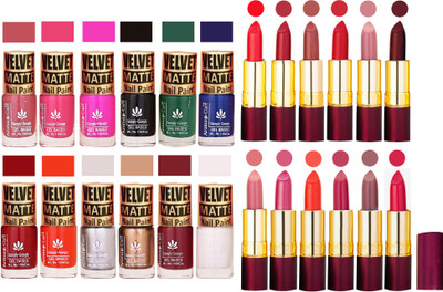 

Aroma Care Velvet Matt Nail Polish Set of 12 Pcs Combo with Dry Matte Lipstick Set of 12 Pcs(Set of 24)