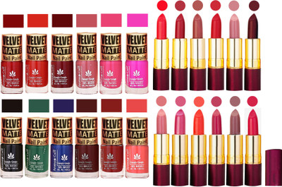 Aroma Care Velvet Matt 12 Nail Polish Combo in Wholesale Rate with Dry Matte Lipstick Set of 12 Pcs(Set of 24)