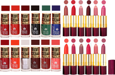 

Aroma Care Multicolor Velvet Matte Nail Polish Sets of 12 Pcs with Dry Matte Lipstick Set of 12 Pcs(Set of 24)