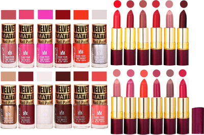 

Aroma Care Velvet Matt 12 Nail Polish Combo in Wholesale Rate with Dry Matte Lipstick Set of 12 Pcs(Set of 24)
