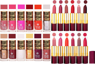 

Aroma Care 100% Pure Dull Matt Nail Polish Sets with Dry Matte Lipstick Set of 12 Pcs(Set of 24)