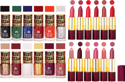 

Aroma Care Velvet Matt Nail Polish Set of 12 Pcs Combo with Dry Matte Lipstick Set of 12 Pcs(Set of 24)
