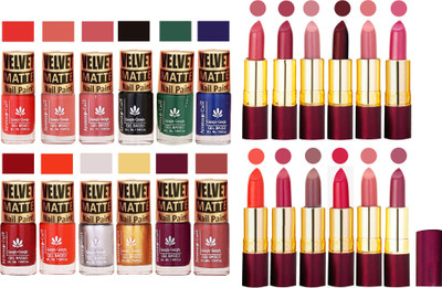 

Aroma Care Velvet Matt 12 Nail Polish Combo in Wholesale Rate with Dry Matte Lipstick Set of 12 Pcs(Set of 24)