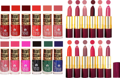 

Aroma Care Velvet Matt 12 Nail Polish Combo in Wholesale Rate with Dry Matte Lipstick Set of 12 Pcs(Set of 24)