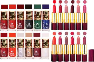 

Aroma Care Dull Velvet Matte Quick Dry Nail Polish Combo 12 Pcs with Dry Matte Lipstick Set of 12 Pcs(Set of 24)