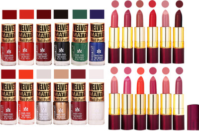 

Aroma Care Dull Velvet Matte Quick Dry Nail Polish Combo 12 Pcs with Dry Matte Lipstick Set of 12 Pcs(Set of 24)