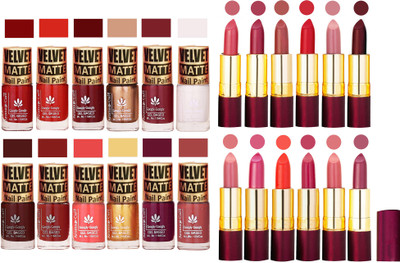 Aroma Care Velvet Matt 12 Nail Polish Combo in Wholesale Rate with Dry Matte Lipstick Set of 12 Pcs(Set of 24)