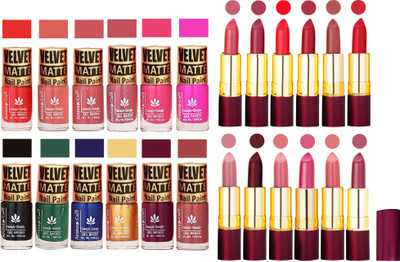 

Aroma Care Velvet Matt Nail Polish Set of 12 Pcs Combo with Dry Matte Lipstick Set of 12 Pcs(Set of 24)