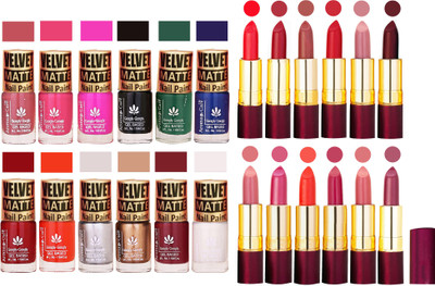 

Aroma Care Velvet Matt Nail Polish Set of 12 Pcs Combo with Dry Matte Lipstick Set of 12 Pcs(Set of 24)