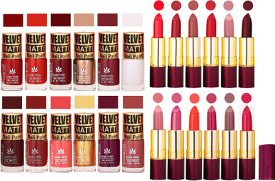 

Aroma Care Velvet Matt 12 Nail Polish Combo in Wholesale Rate with Dry Matte Lipstick Set of 12 Pcs(Set of 24)