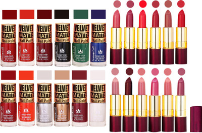 

Aroma Care Dull Velvet Matte Quick Dry Nail Polish Combo 12 Pcs with Dry Matte Lipstick Set of 12 Pcs(Set of 24)