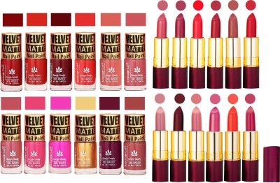 

Aroma Care Velvet Matt Nail Polish Set of 12 Pcs Combo with Dry Matte Lipstick Set of 12 Pcs(Set of 24)