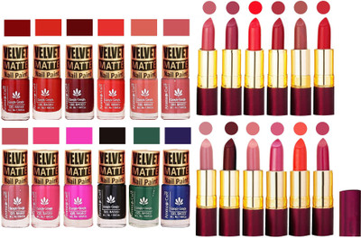 

Aroma Care Velvet Matt 12 Nail Polish Combo in Wholesale Rate with Dry Matte Lipstick Set of 12 Pcs(Set of 24)