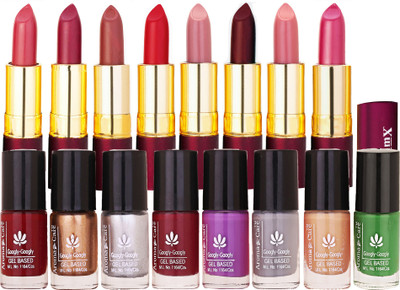 

Aroma Care Nail Polish Combo fer Long Lasting Nail Enamel Insta-Dri Collection 8 Pcs with Dry Matte Lipstick 8 Pcs(Set of 16)