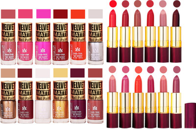 

Aroma Care 100% Pure Dull Matt Nail Polish Sets with Dry Matte Lipstick Set of 12 Pcs(Set of 24)