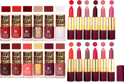 

Aroma Care Velvet Matt 12 Nail Polish Combo in Wholesale Rate with Dry Matte Lipstick Set of 12 Pcs(Set of 24)