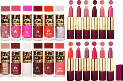 

Aroma Care Velvet Matt 12 Nail Polish Combo in Wholesale Rate with Dry Matte Lipstick Set of 12 Pcs(Set of 24)