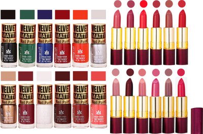 

Aroma Care Multicolor Velvet Matte Nail Polish Sets of 12 Pcs with Dry Matte Lipstick Set of 12 Pcs(Set of 24)