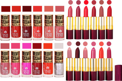 

Aroma Care 100% Pure Dull Matt Nail Polish Sets with Dry Matte Lipstick Set of 12 Pcs(Set of 24)