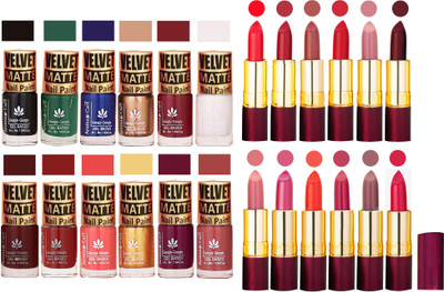 

Aroma Care Matte Nail Polish Combo of 12 pcs with Dry Matte Lipstick Set of 12 Pcs(Set of 24)