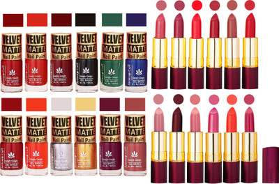 

Aroma Care Velvet Matt Nail Polish Set of 12 Pcs Combo with Dry Matte Lipstick Set of 12 Pcs(Set of 24)