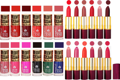 

Aroma Care Velvet Matt 12 Nail Polish Combo in Wholesale Rate with Dry Matte Lipstick Set of 12 Pcs(Set of 24)