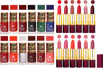 

Aroma Care Multicolor Velvet Matte Nail Polish Sets of 12 Pcs with Dry Matte Lipstick Set of 12 Pcs(Set of 24)