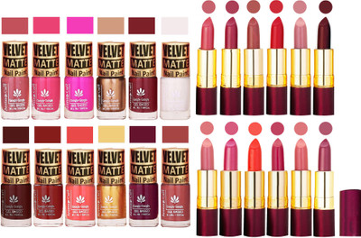 

Aroma Care Dull Velvet Matte Quick Dry Nail Polish Combo 12 Pcs with Dry Matte Lipstick Set of 12 Pcs(Set of 24)
