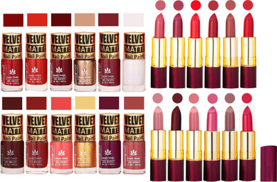

Aroma Care Velvet Matt 12 Nail Polish Combo in Wholesale Rate with Dry Matte Lipstick Set of 12 Pcs(Set of 24)