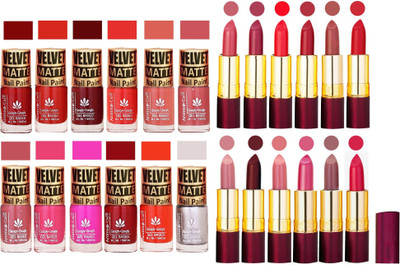 

Aroma Care 100% Pure Dull Matt Nail Polish Sets with Dry Matte Lipstick Set of 12 Pcs(Set of 24)