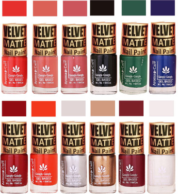 

Aroma Care Velvet Matte Nail Paint Combo Offer Orange, Peach, Pink, Black, Green, Blue, Maroon, Golden, Mauve, White(Pack of 12)
