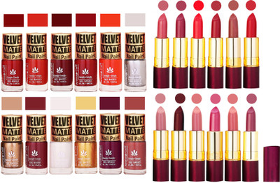 

Aroma Care 100% Genuine Matte Nail Polish Sets of 12 Pcs in Wholesale Rate with Dry Matte Lipstick Set of 12 Pcs(Set of 24)