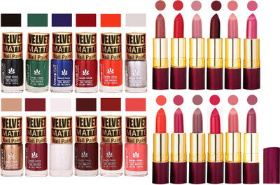 

Aroma Care Multicolor Velvet Matte Nail Polish Sets of 12 Pcs with Dry Matte Lipstick Set of 12 Pcs(Set of 24)