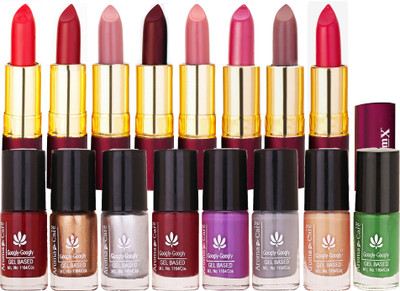 

Aroma Care Long Lasting Shiny Modern Colorful Bottles Nail Polish Combo 8 pcs with Dry Matte Lipstick 8 Pcs(Set of 16)