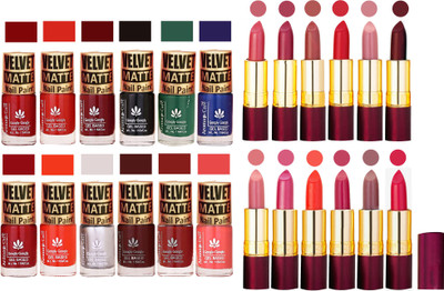 

Aroma Care Multicolor Velvet Matte Nail Polish Sets of 12 Pcs with Dry Matte Lipstick Set of 12 Pcs(Set of 24)