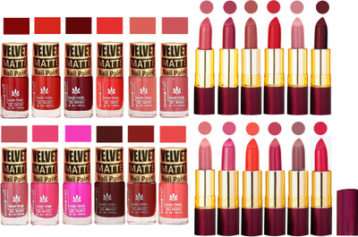 

Aroma Care Multicolor Velvet Matte Nail Polish Sets of 12 Pcs with Dry Matte Lipstick Set of 12 Pcs(Set of 24)