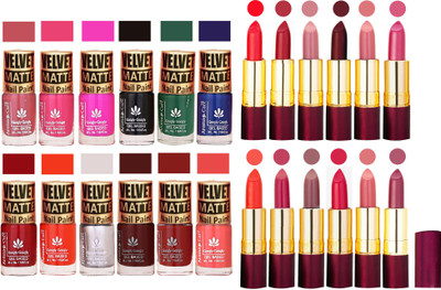 Aroma Care Matte Nail Polish Combo of 12 pcs with Dry Matte Lipstick Set of 12 Pcs(Set of 24)