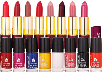 

Aroma Care Long Lasting Shiny Modern Colorful Bottles Nail Polish Combo 8 pcs with Dry Matte Lipstick 8 Pcs(Set of 16)