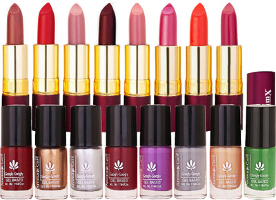 

Aroma Care Nail Polish Combo fer Long Lasting Nail Enamel Insta-Dri Collection 8 Pcs with Dry Matte Lipstick 8 Pcs(Set of 16)