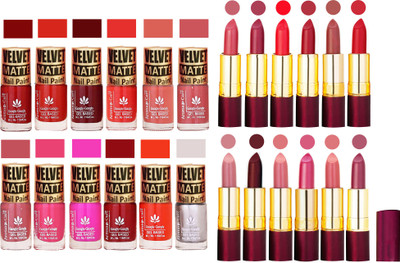 

Aroma Care 100% Pure Dull Matt Nail Polish Sets with Dry Matte Lipstick Set of 12 Pcs(Set of 24)