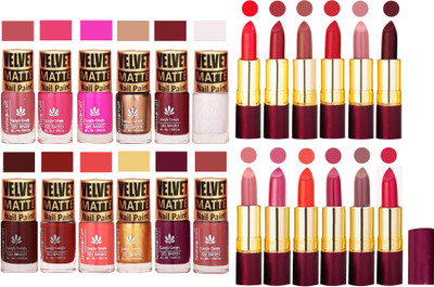 

Aroma Care Dull Velvet Matte Quick Dry Nail Polish Combo 12 Pcs with Dry Matte Lipstick Set of 12 Pcs(Set of 24)