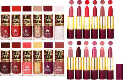 

Aroma Care Velvet Matt 12 Nail Polish Combo in Wholesale Rate with Dry Matte Lipstick Set of 12 Pcs(Set of 24)