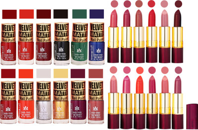 

Aroma Care Velvet Matt Nail Polish Set of 12 Pcs Combo with Dry Matte Lipstick Set of 12 Pcs(Set of 24)