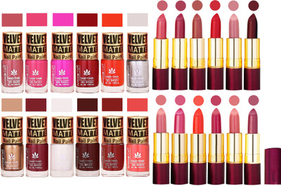 

Aroma Care Velvet Matt 12 Nail Polish Combo in Wholesale Rate with Dry Matte Lipstick Set of 12 Pcs(Set of 24)