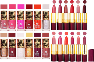

Aroma Care 100% Pure Dull Matt Nail Polish Sets with Dry Matte Lipstick Set of 12 Pcs(Set of 24)