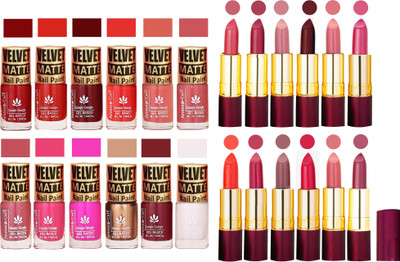 

Aroma Care Dull Velvet Matte Quick Dry Nail Polish Combo 12 Pcs with Dry Matte Lipstick Set of 12 Pcs(Set of 24)