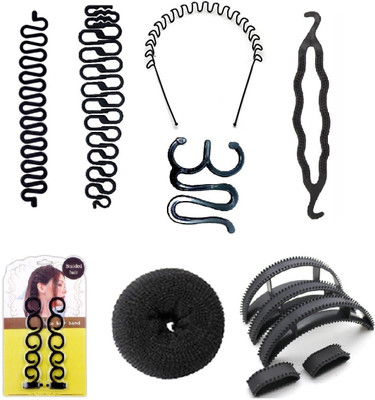 

Out Of Box Combo of 13 Hair Tools 1 Round Donuts 1 Magic Donut Volumizer 5 Design French Tool 5 Pieces Bumpit Maker With 1 Zigzag Head Band Hair Accessory Set(Black)